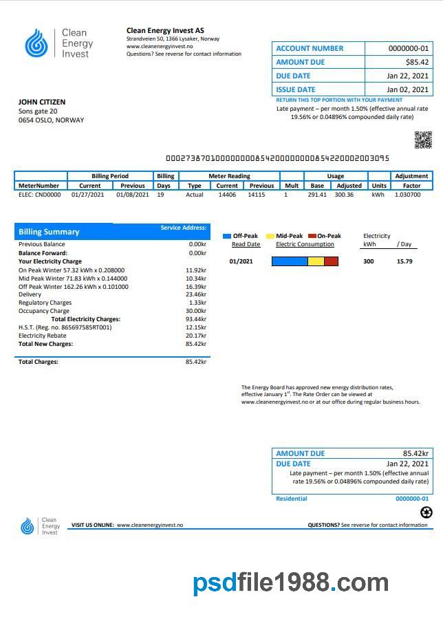Norway Clean Energy Invest AS Utility Bill